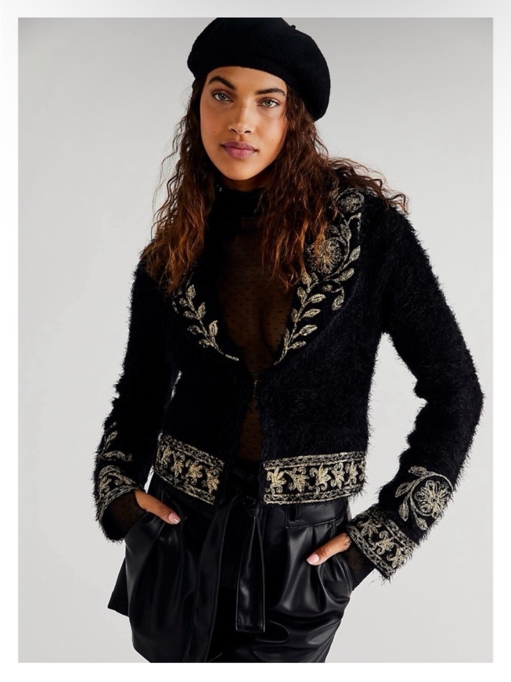 Free People Merri Cardigan Black and Gold Afghan Inspired Detailing